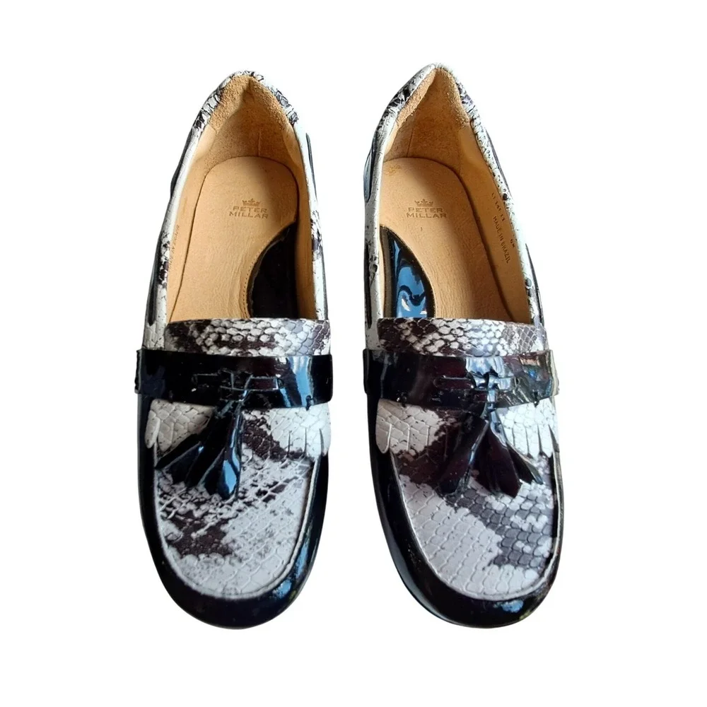 Peter Millar Womens Snake Print Tassel Driving Loafers Black White Patent 6M